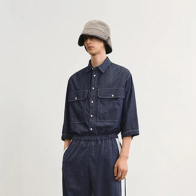 速写 宽松简约牛仔休闲七分袖衬衫 男款