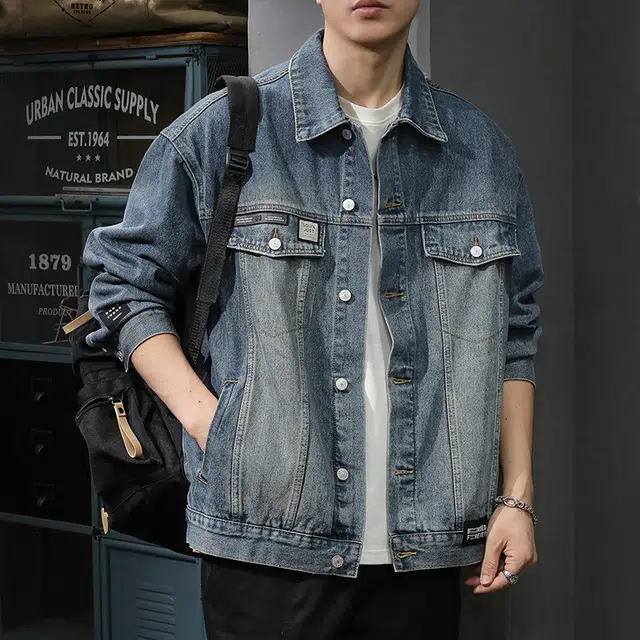 前进牛 美式休闲经典潮牌痞帅高街复古水洗工装潮流工装风宽松大码高级感休闲翻领牛仔外套 男款