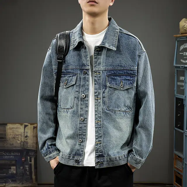 前进牛 美式经典复古潮牌痞帅高街户外嘻哈街头做旧水洗宽松大码工装牛仔外套 男女同款