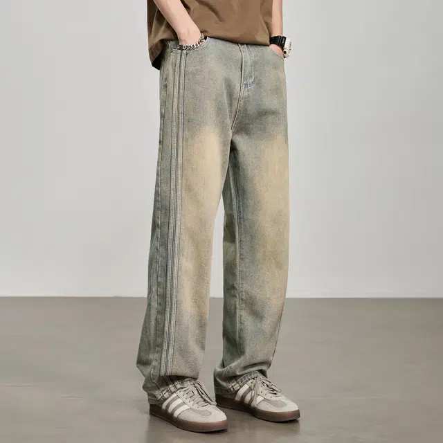 童先森 美式复古水洗做旧男士潮牌宽松直筒拖地休闲长裤牛仔裤 男款