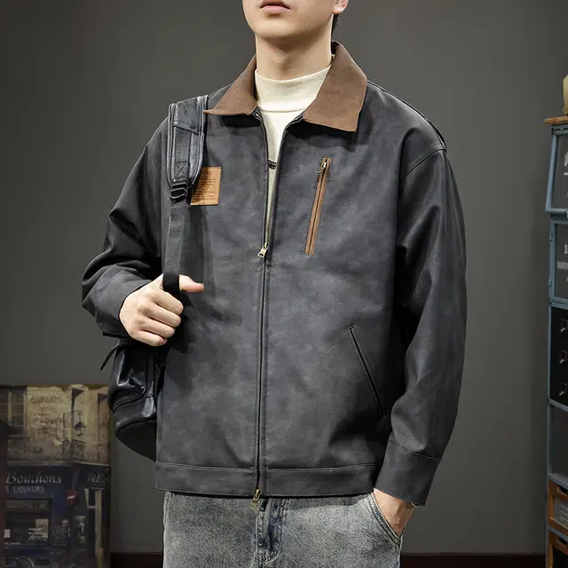 前进牛 秋季阿美咔叽经典潮牌军事风宽松款潮流美式复古户外机能撞色翻领机车外套皮衣 男款