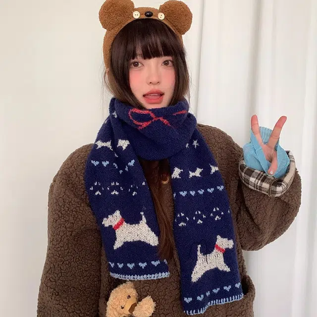 恩僾德 日系可爱小狗保暖百搭高颜值小众 聚酯纤维 绒线围巾 男女同款情侣款