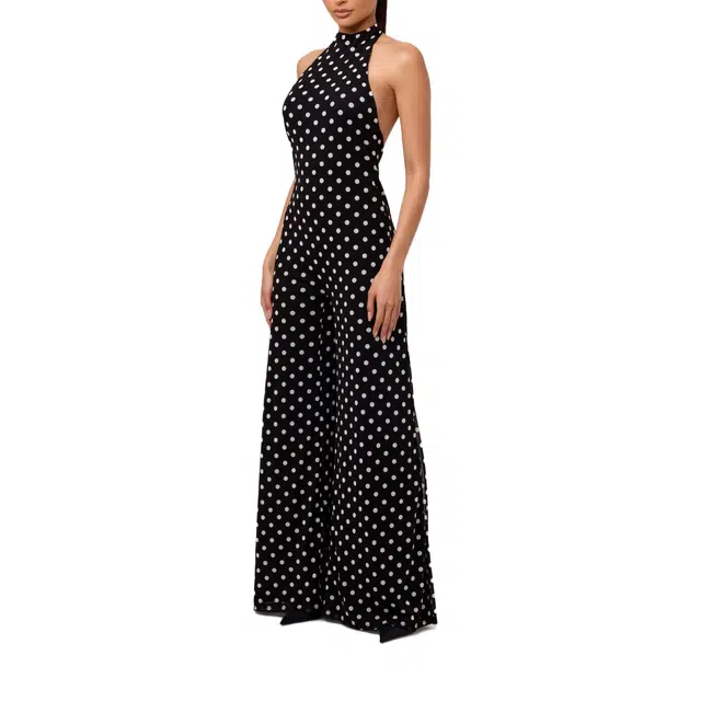 NAKED WARDROBE Polka Dot Halter Wide Leg Jumpsuit Mesh