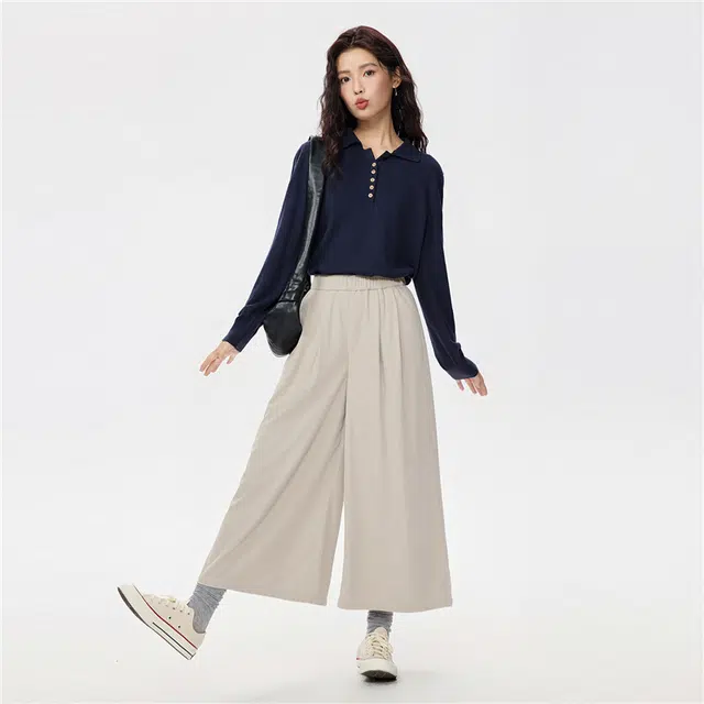 佐丹奴 裙裤灯芯绒压褶松紧腰松弛感九分阔腿裤休闲裤 女款