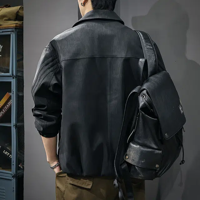 前进牛 阿美咔叽轻奢高端潮牌复古潮流暗黑酷感宽松翻领痞帅高街飞行员皮衣 男款