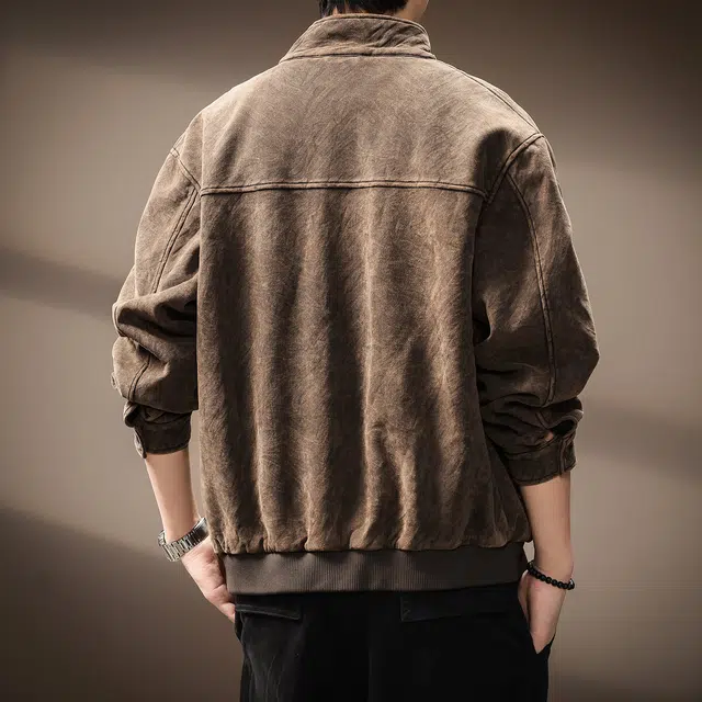 贵色 美式高端复古斑马纹高街风工装立领时尚都市痞帅洗褪蜡感皮夹克 男女同款