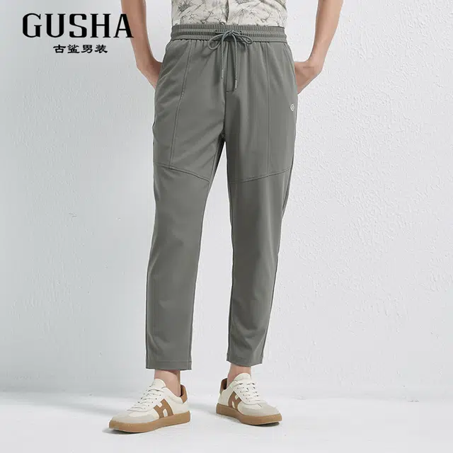 古鲨 弹力免烫卫裤抗皱系带松紧夏季百搭舒适休闲裤 男款