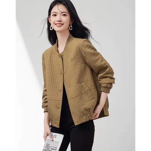 似水年华 韩版显瘦棒球服绒感外套 修身 女款 咖色