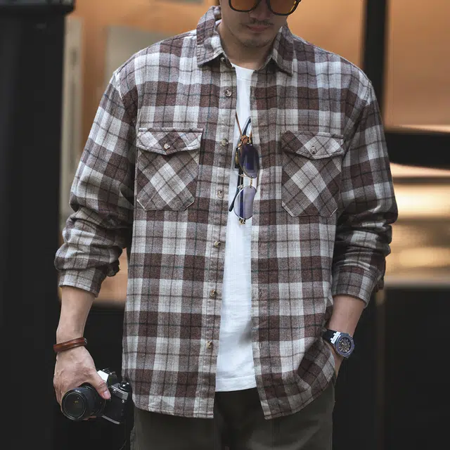 格蓝鹿 极简松弛感简约高街高端日系复古做旧磨毛格子外套长袖衬衫 男女同款