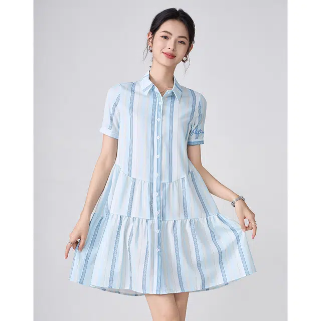 爱依莲 时尚舒适百搭短袖连衣裙 女款 蓝色