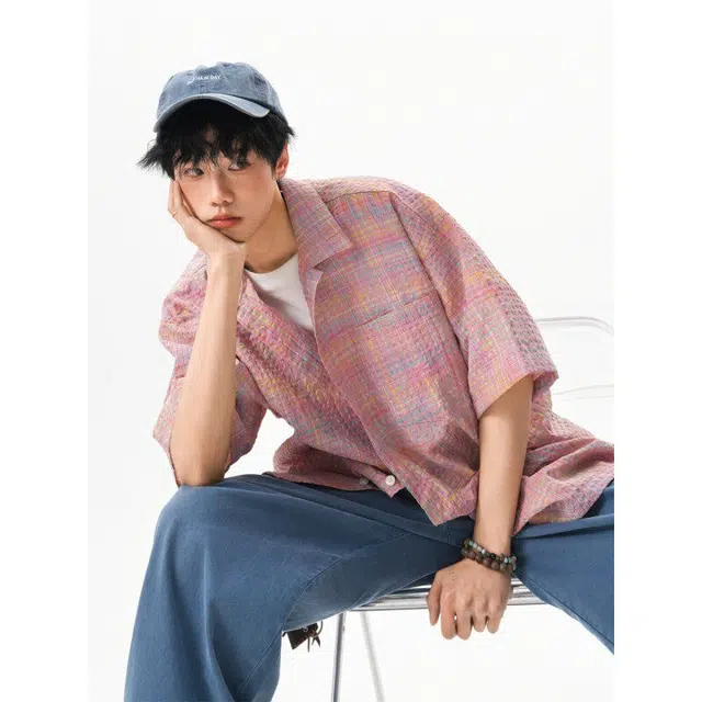 金盾 情侣设计感小众外套泡泡纱美式潮牌格短袖衬衫 男女同款