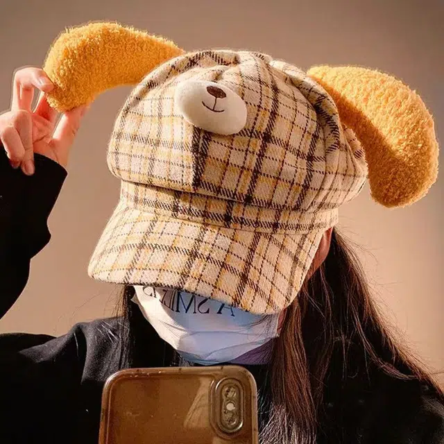 恩僾德 黄油小狗毛绒耳朵格纹八角帽女生秋冬季小众高颜值百搭可爱保暖显脸小日系报童帽 涤纶 鸭舌帽 男女同款情侣款
