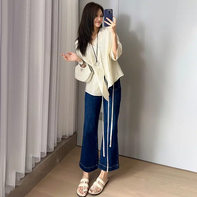 美洋 小喇叭牛仔裤 复古高腰弹力修身喇叭九分裤牛仔裤 女款