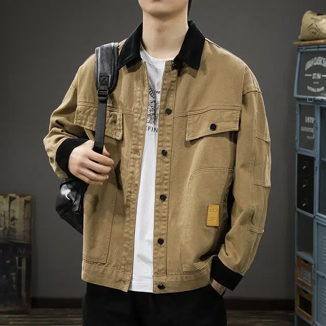 前进牛 阿美咔叽潮牌高级感纯棉痞帅底特律上衣外穿衬衫潮流高街硬汉百搭宽松翻领夹克衬衣男牛仔外套 男款