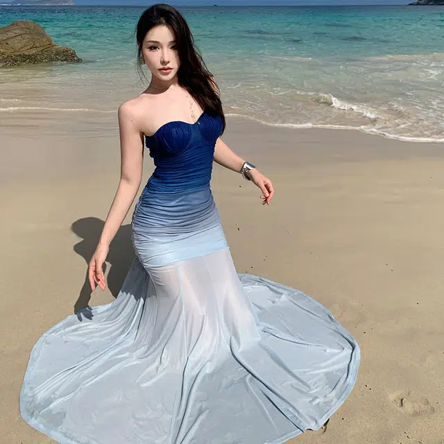 水中花 纯欲风抹胸网纱裙子气质包臀长裙无袖连衣裙 女款