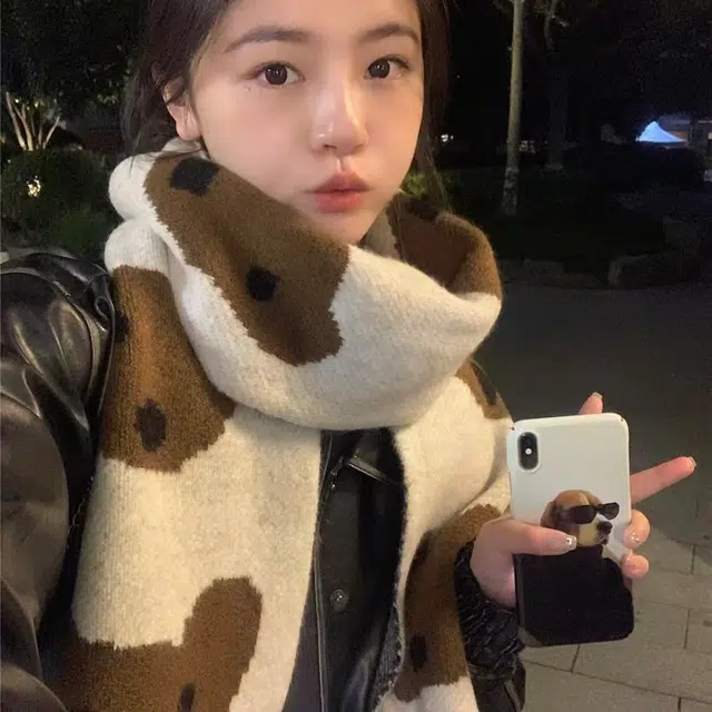 恩僾德 日系可爱眼镜小狗百搭针织防寒保暖 聚酯纤维 绒线围巾 男女同款情侣款