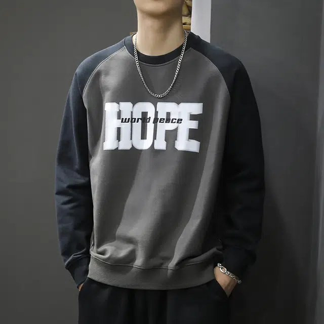 前进牛 秋季美式经典复古潮流潮牌插肩圆领极简风男宽松卫衣 男款