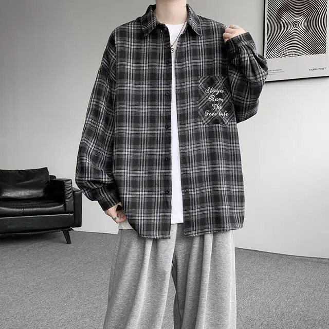 金盾 男衬衣外套格子港风刺绣宽松衬衫 男款