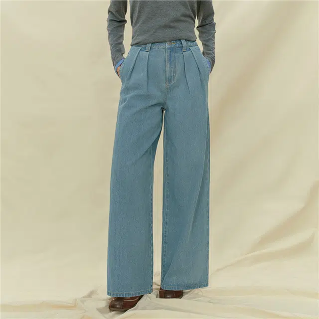 佐丹奴 洗水压褶高腰阔腿长裤牛仔裤 女款