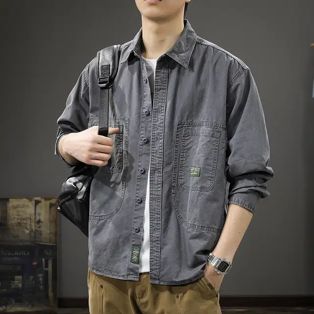 前进牛 阿美咔叽复古水洗潮牌高街痞帅休闲纯棉翻领外套工装衬衣长袖衬衫 男女同款