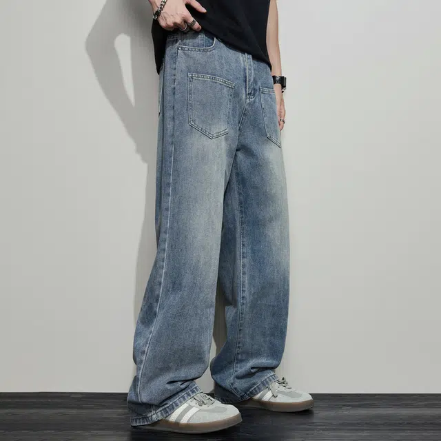 童先森 潮牌口袋设计感复古高街水洗痞帅直筒牛仔裤 男款