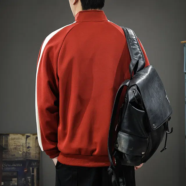 前进牛 美式经典复古潮牌学院风拼色条纹立领运动秋季潮流休闲户外百搭宽松拉链卫衣 男款