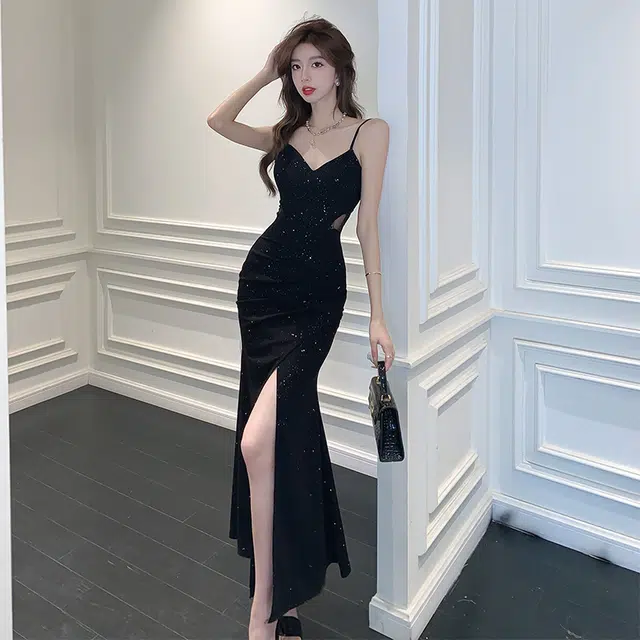 纤丝鸟 法式优雅亮片丝绒晚礼服气质露腰性感御姐开叉吊带连衣裙 女款