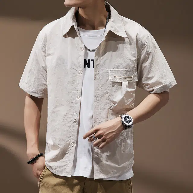 贵色 潮牌痞帅休闲小众设计感翻领宽松薄款短袖衬衫 男女同款