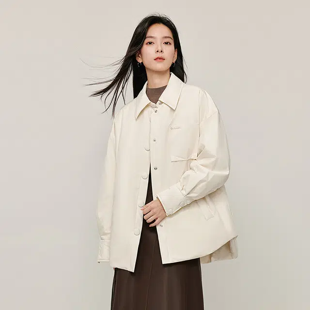 茵曼 休闲衬衫式外套时尚户外防泼水保暖白鸭绒羽绒服 男女同款