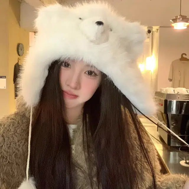 恩僾德 可爱小熊毛绒绒护耳帽子秋冬季加绒加厚显脸小高颜值保暖帽百搭防寒 聚酯纤维 绒线帽 男女同款情侣款