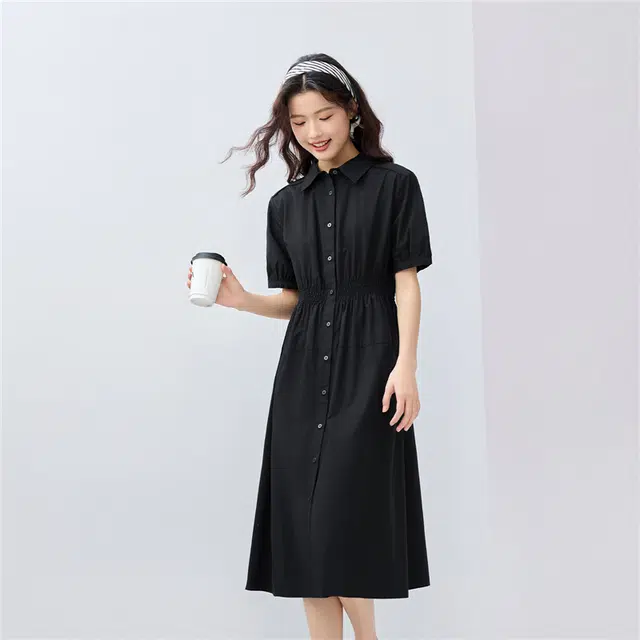 佐丹奴 纯棉府绸打揽收腰衬衫裙翻领短袖连衣裙 女款