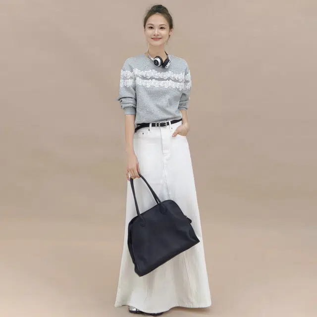美洋 蕾丝百搭宽松圆领套头长袖卫衣 女款 灰色