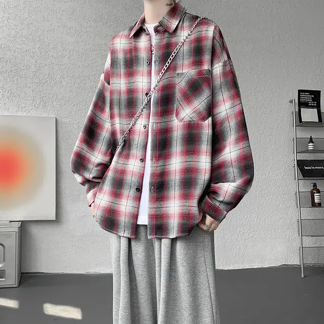 金盾 大码秋季男衬衣外套港风格子磨毛长袖宽松衬衫 男款