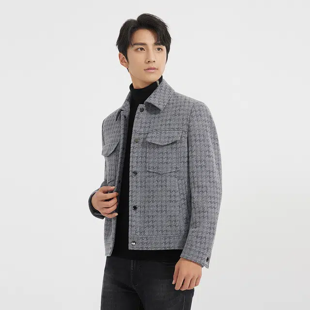 利郎 保暖格子翻领口袋装饰时尚都市毛呢冬季大衣 男款