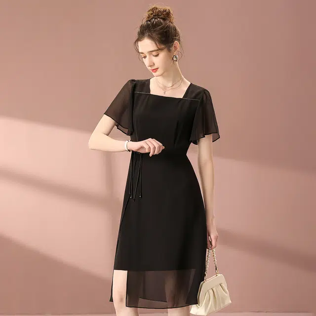 粉红玛琍 春,夏,秋 开叉短袖连衣裙 收腰 女款 黑色