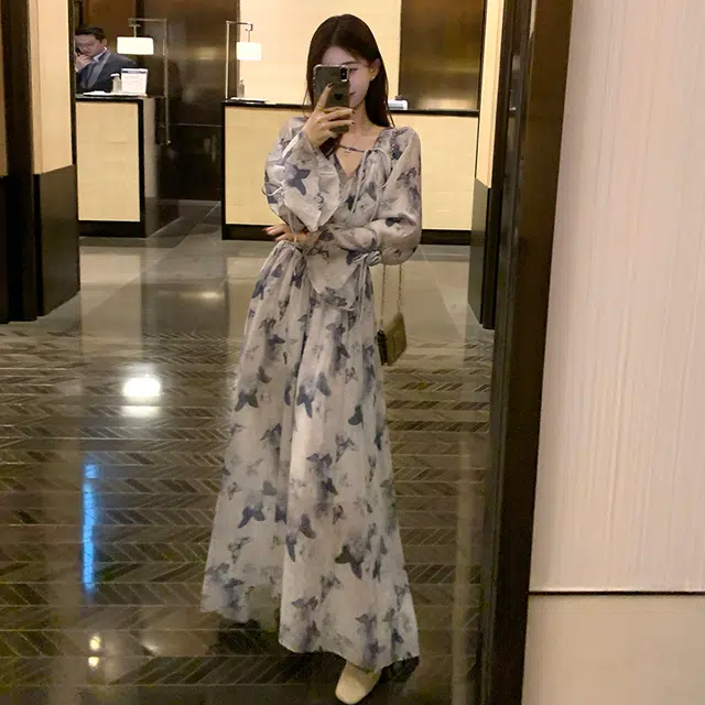 纤丝鸟 气质法式宽松收腰荷叶袖印花长裙长袖连衣裙 女款