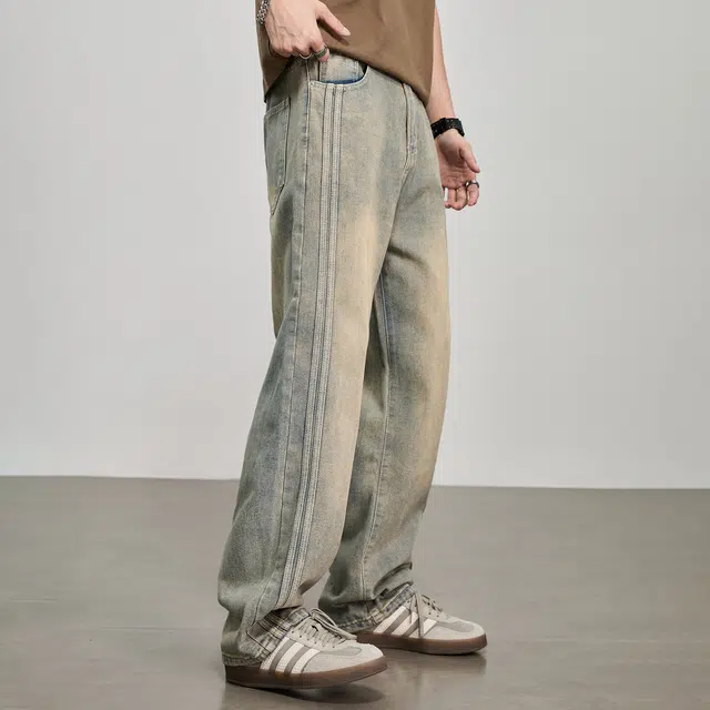 童先森 美式复古水洗做旧男士潮牌宽松直筒拖地休闲长裤牛仔裤 男款