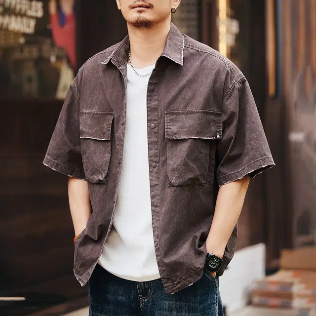 格蓝鹿 美式复古重磅水洗工装廓形休闲衬衣山系户外机能风工装潮流穿搭微弹舒适不闷热短袖衬衫 男女同款