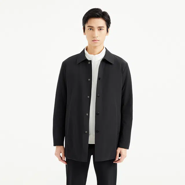 利郎 夹薄棉桑蚕丝商务休闲纯色翻领中长款秋季风衣外套 男款