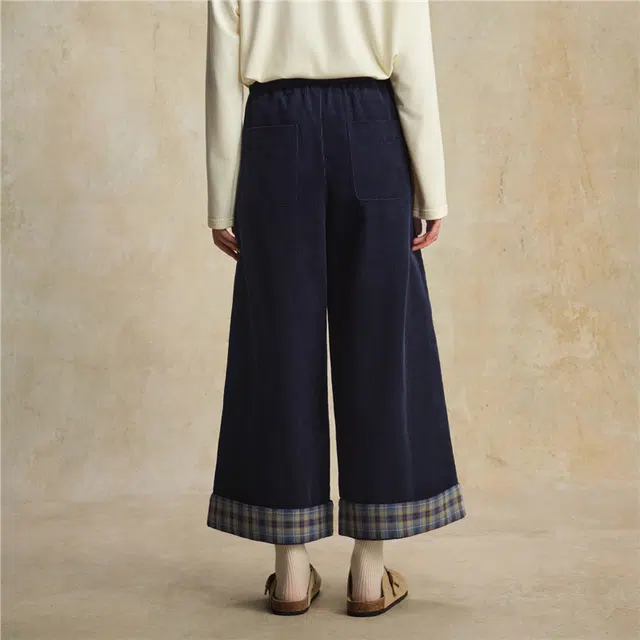 佐丹奴 纯棉灯芯绒拼接格纹松紧腰阔腿九分裤休闲裤 女款