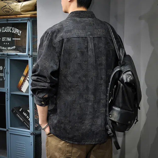 前进牛 美式休闲复古潮牌轻奢设计感印花长袖极简水洗宽松休闲外套衬衫 男女同款