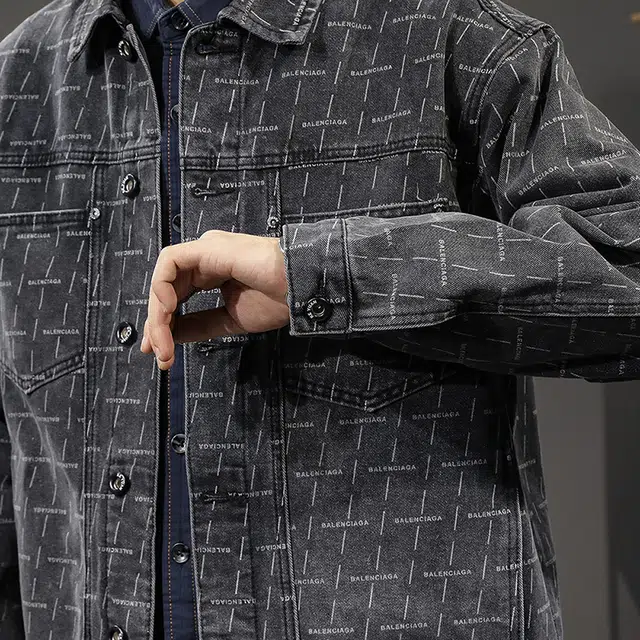 前进牛 秋季美式经典潮牌印花复古上衣宽松大码休闲小众设计感痞帅上衣牛仔外套 男款