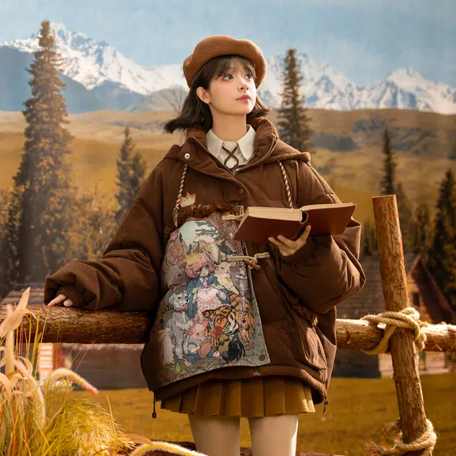 Sen Female Tribe Melard Vintage Oil Painting Series Down Jacket Brown