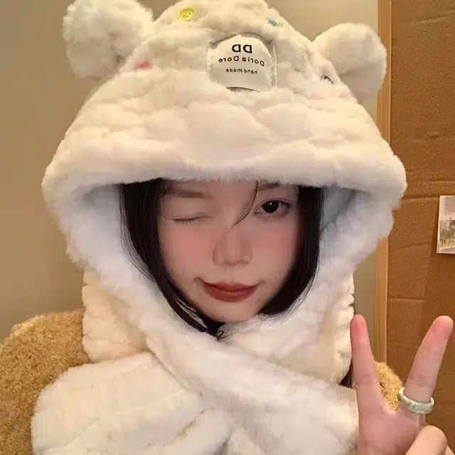 恩僾德 日系可爱小熊耳朵围巾一体显脸小高颜值两件套女冬季保暖百搭 涤纶 斗篷帽 男女同款情侣款