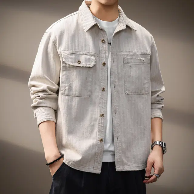 贵色 透气美式复古工装风水洗做旧长袖户外出行经典百搭拼接口袋设计休闲翻领上衣衬衫 男女同款