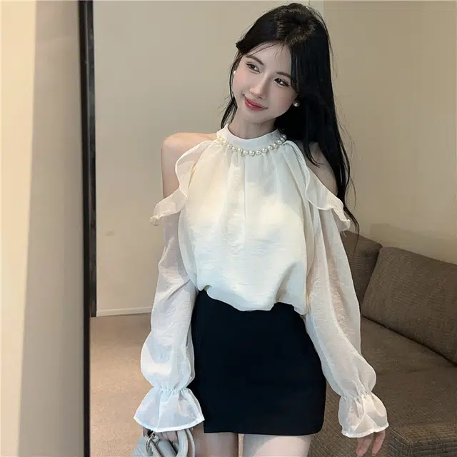 纤丝鸟 小香风挂脖上衣高级感长袖雪纺衫 女款