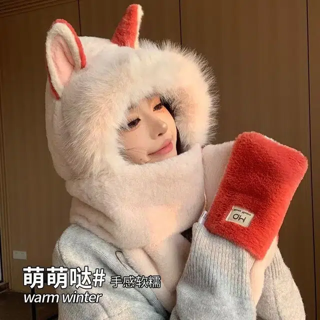 恩僾德 可爱狐狸耳朵毛绒帽子加厚保暖骑行护耳 涤纶 斗篷帽 男女同款情侣款