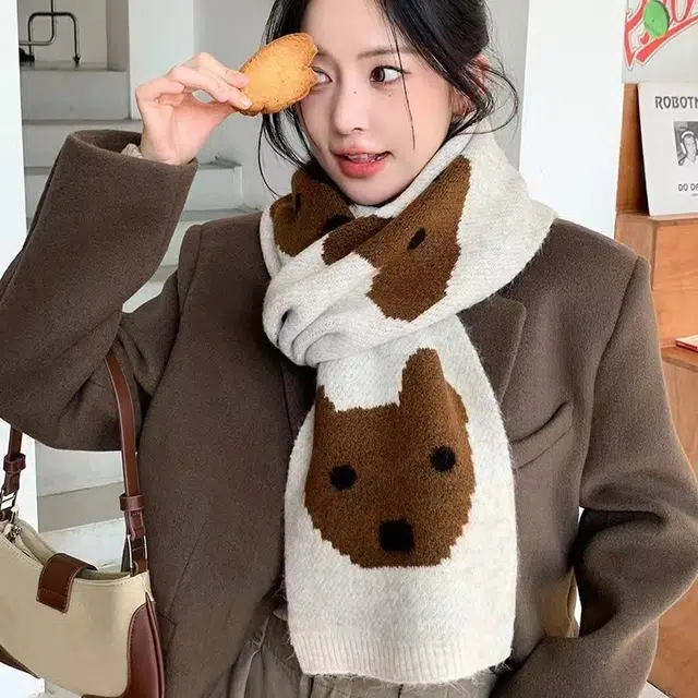 恩僾德 日系可爱眼镜小狗百搭针织防寒保暖 聚酯纤维 绒线围巾 男女同款情侣款