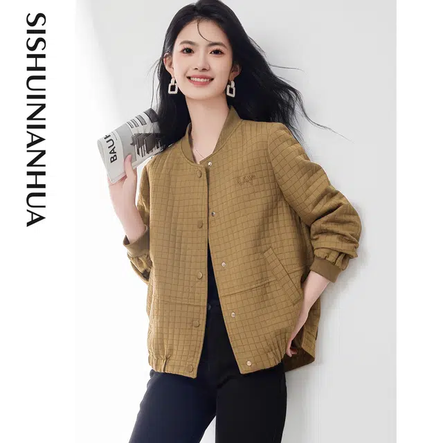 似水年华 韩版显瘦棒球服绒感外套 修身 女款 咖色