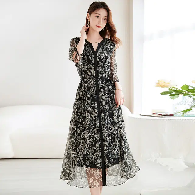 水墨佳人 印花时尚显瘦百搭舒适短袖连衣裙 女款 黑色